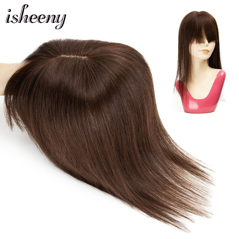 Isheeny 8" 10" 12" 14" 18" Center Part Human Hair Pieces Brown Color Women Topper With Bangs 13x13cm Base 100% Human Hair