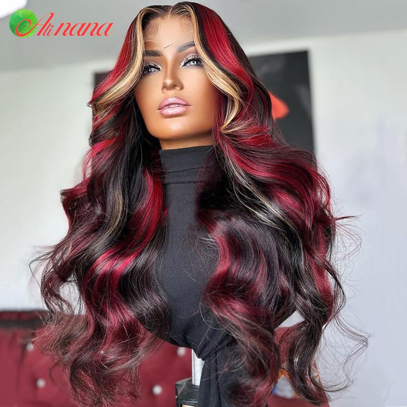 Highlights Red Blonde Colored Body Wave 180% Density Pre-Plucked 13x4 Lace Frontal Wig Remy Human Hair Wig For Black Women