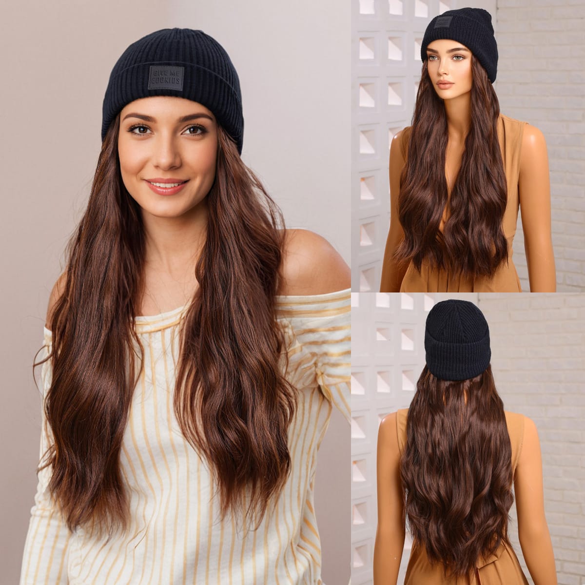 Blonde Unicorn Hat wigs Cap with Hair Hat Wig Brown Body Wavy Wig Connect Synthetic Hair Women Daily Party High Temperature