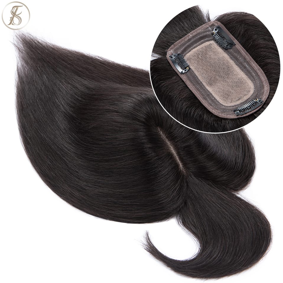 TESS Women Topper 7x12.5cm Hair Toppers With Bangs Natural Hair Wig Human Hair Silk Base Center Part Hair Clip In Hair Extension