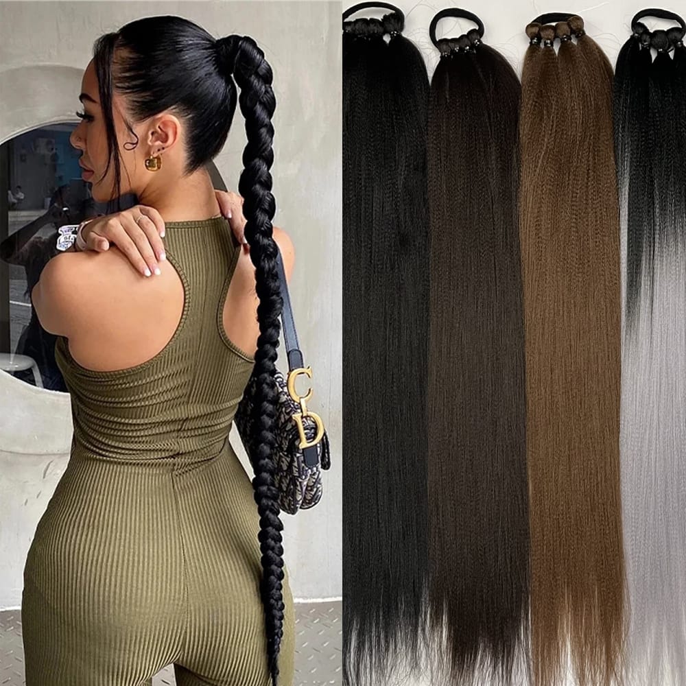 Synthetic Ponytail Extensions Boxing Braids HairPieces Wrap Around Chignon Rubber Band Hair Ring Black 26 Inch Ombre Braid DIY