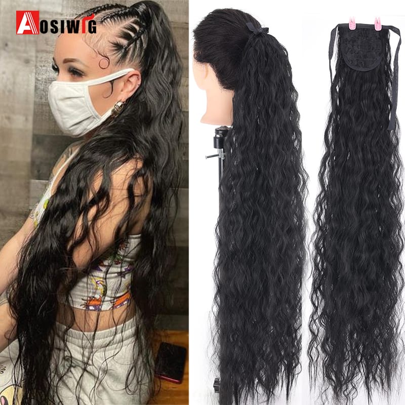Aosiwig Synthetic Ponytail Kiinky Curly Drawstring Black Super Long Fake False Hair Piece Clip In Pony Tail Hairpiece For Women