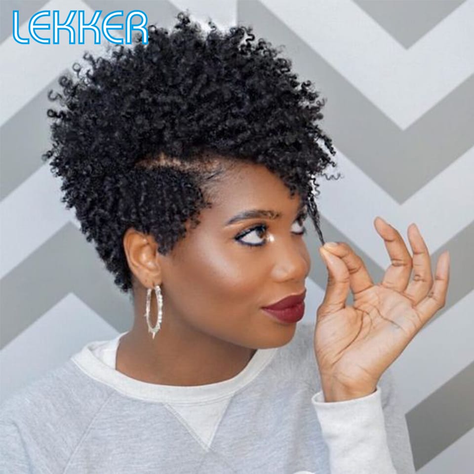 Lekker Ready to Wear Short Pixie Cut Afro Kinky Curly Human Hair Wigs For Women Brazilian Remy Hair Glueless Colored Bob Wigs