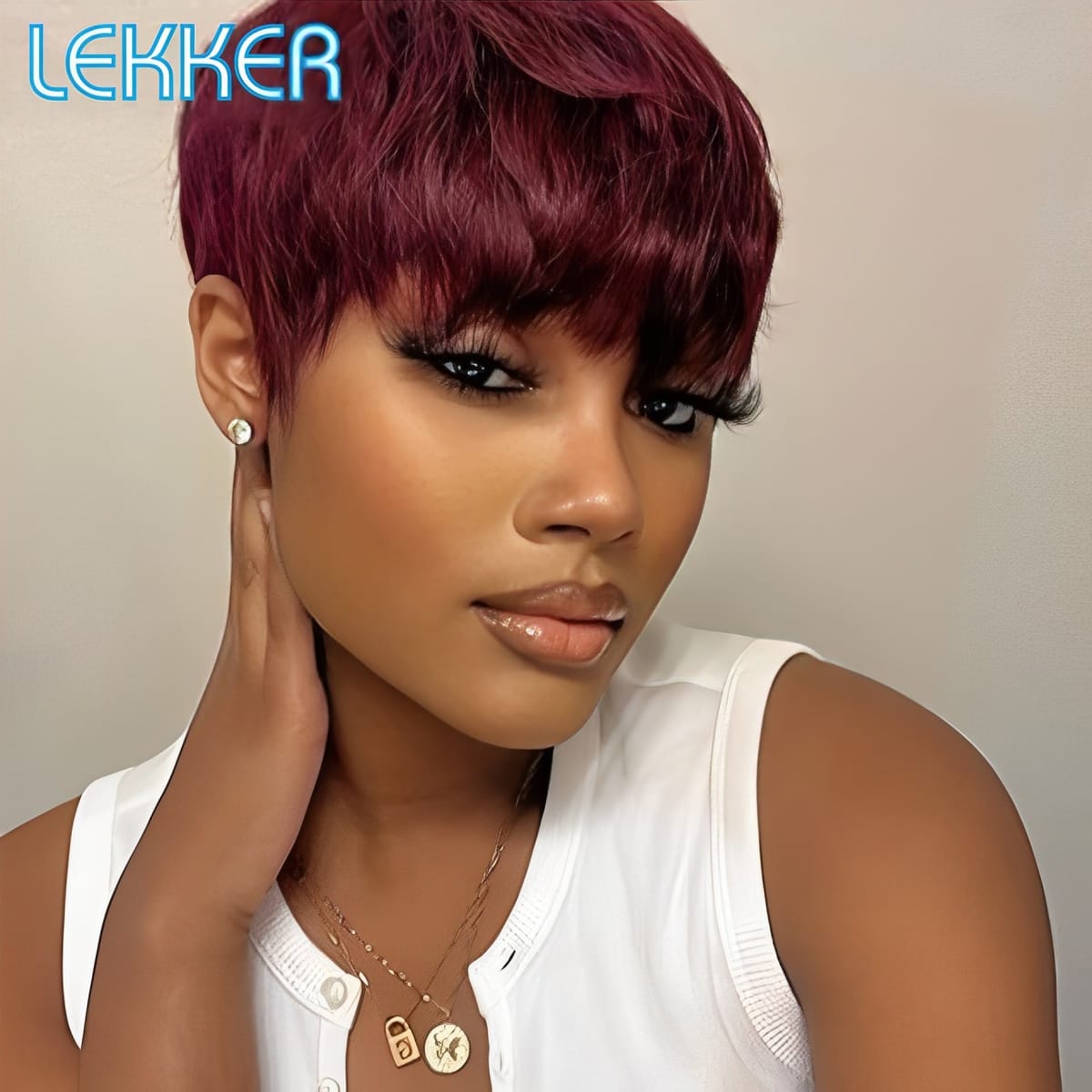 Lekker Colored Short Pixie Cut Straight Bob Human Hair Wigs With Bangs For Women Brazilian Remy Hair Burgundy Red Ready Go Wigs