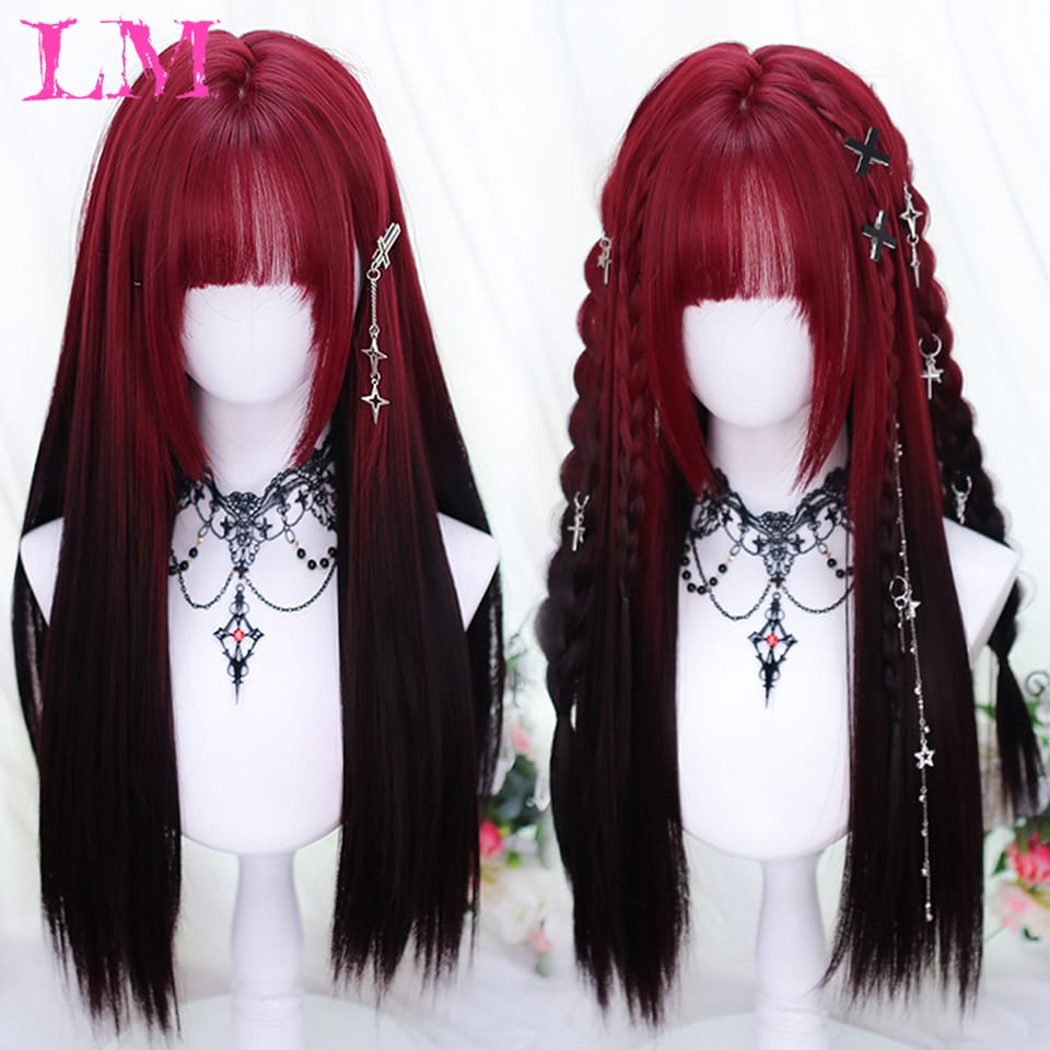 LM Black Wine Red Long Wavy Synthetic Wig High Temperature Natural Wig with Bangs Colorful Party Cosplay Hair for Black Women