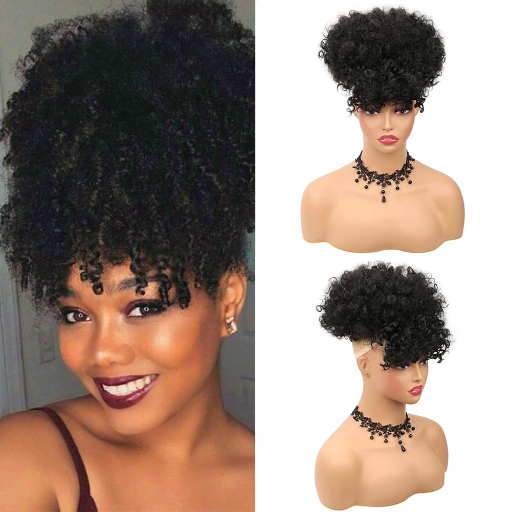 Belle Show Synthetic Afro Puff Drawstring Ponytail with Bangs Hair Extensions Short Kinky Curly Ponytail Bun For Women