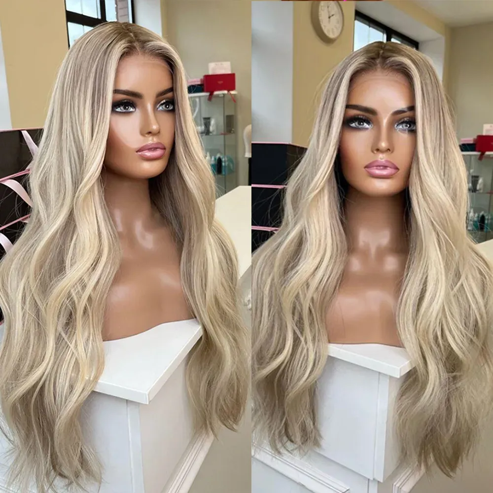 Lace Wig Ombre Warm Blonde Highlights Synthetic Hair Wigs Invisible Lace with Light Brown Roots Slight Wavy