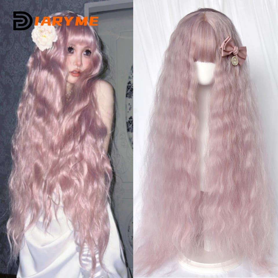 Halloween Cosplay Wigs With Bangs Extra Long Curly Wavy Synthetic Hair wigs for women Lolita Wig female Pink Black blonde wig