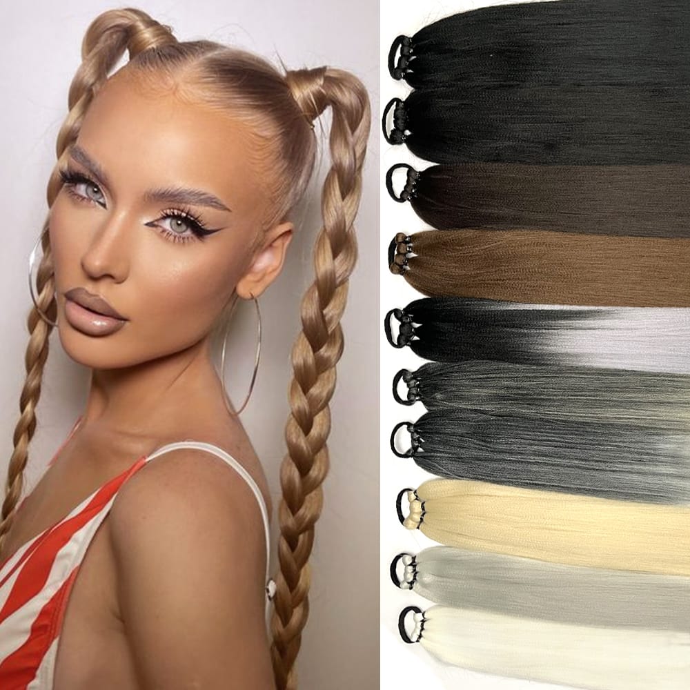 Ponytail Extensions Synthetic Boxing Braids 26 Inch Wrap Around Chignon Tail With Rubber Band Hair Ring Ombre Braid Brown Grey