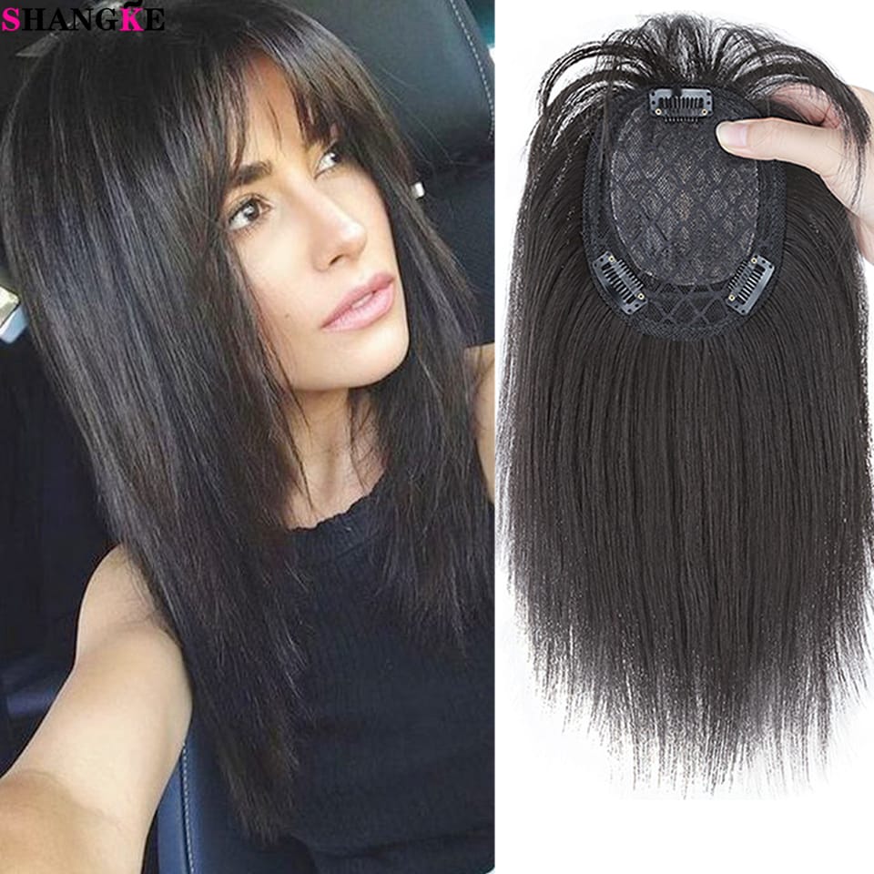 SHANGKE Synthetic Short Straight Hair Topper With Bangs Invisible 3D Hair Toupee For Women Water Wave Clip In Hair Extensions