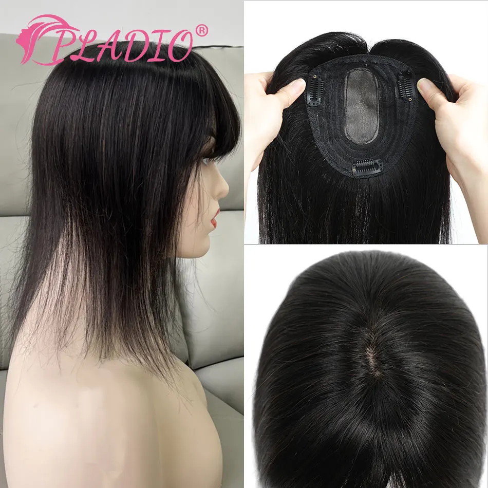 PLADIO 13*12cm 10"-18" Topper Hair Piece with Bangs 100% Real Remy Human Hair Topper for Women With Thin Hair