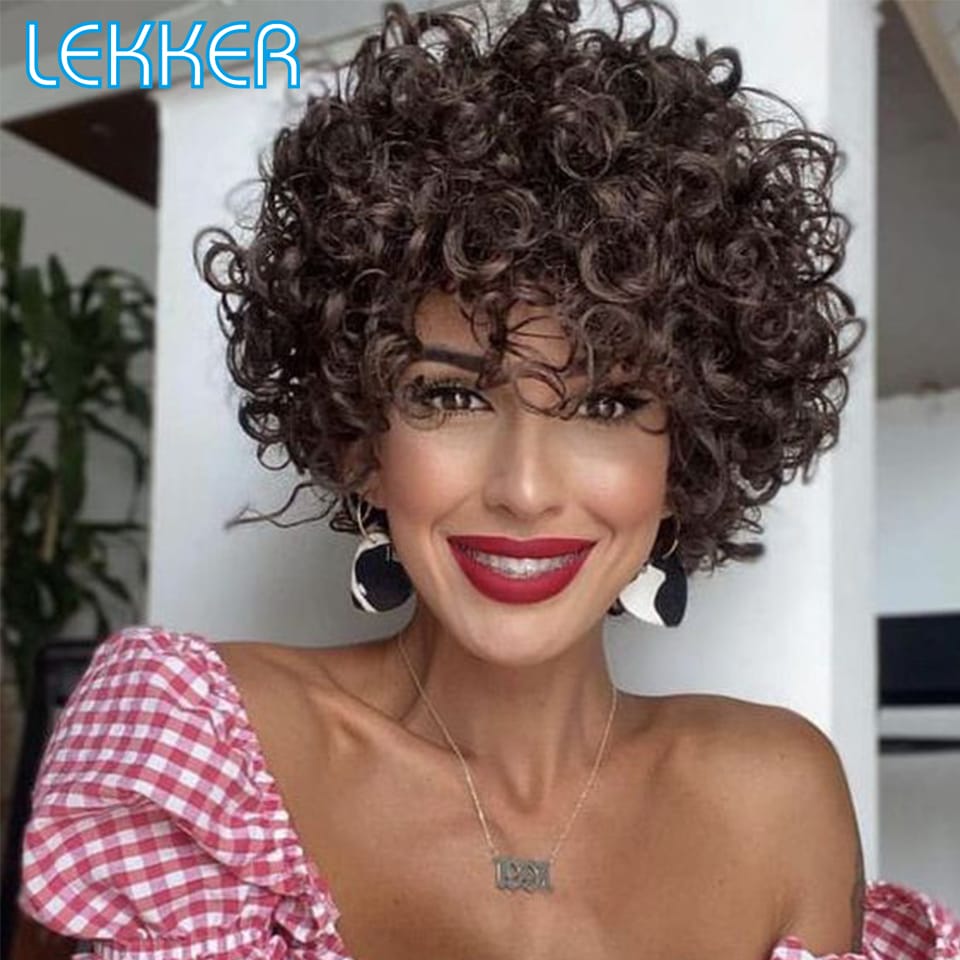 Lekker Short Afro Curly Bob Human Hair Wigs With Bangs For Women Brazilian Remy Hair Wear and Go Natural Brown Kinky Curly Wigs