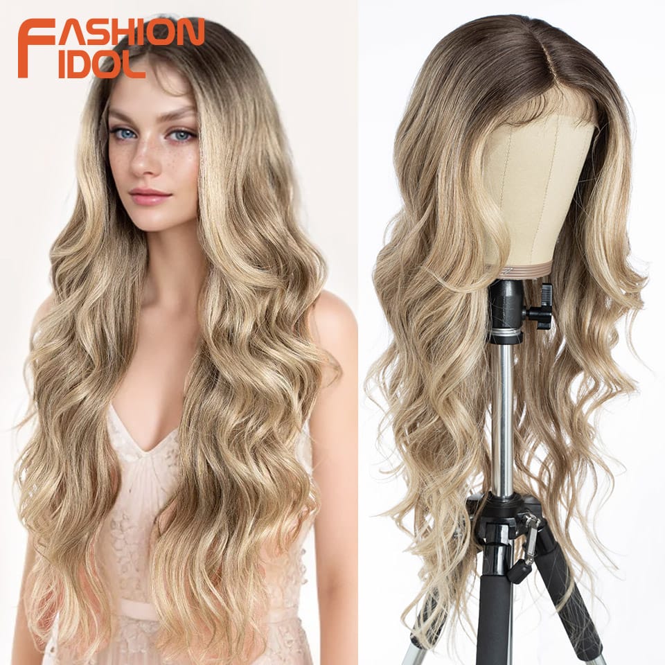FASHION IDOL Body Wave Lace Front Wigs Synthetic With Baby Hair Wigs For Women 28 Inch Ombre Blonde Higlight Lace Wigs Cosplay
