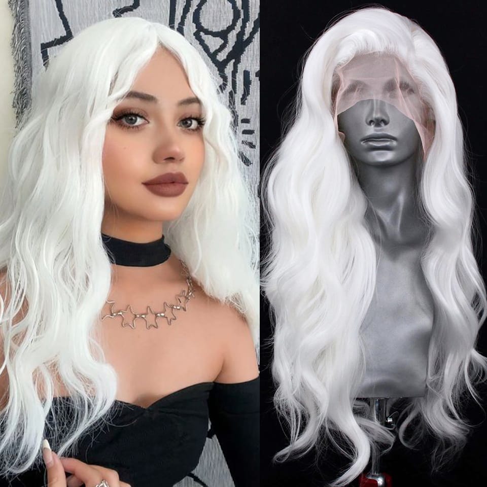 Charisma White Hair Long Body Wave Lace Front Wig Pre Plucked Synthetic Lace Frontal Wigs For Women Pink Blue Red Wig Daily Use