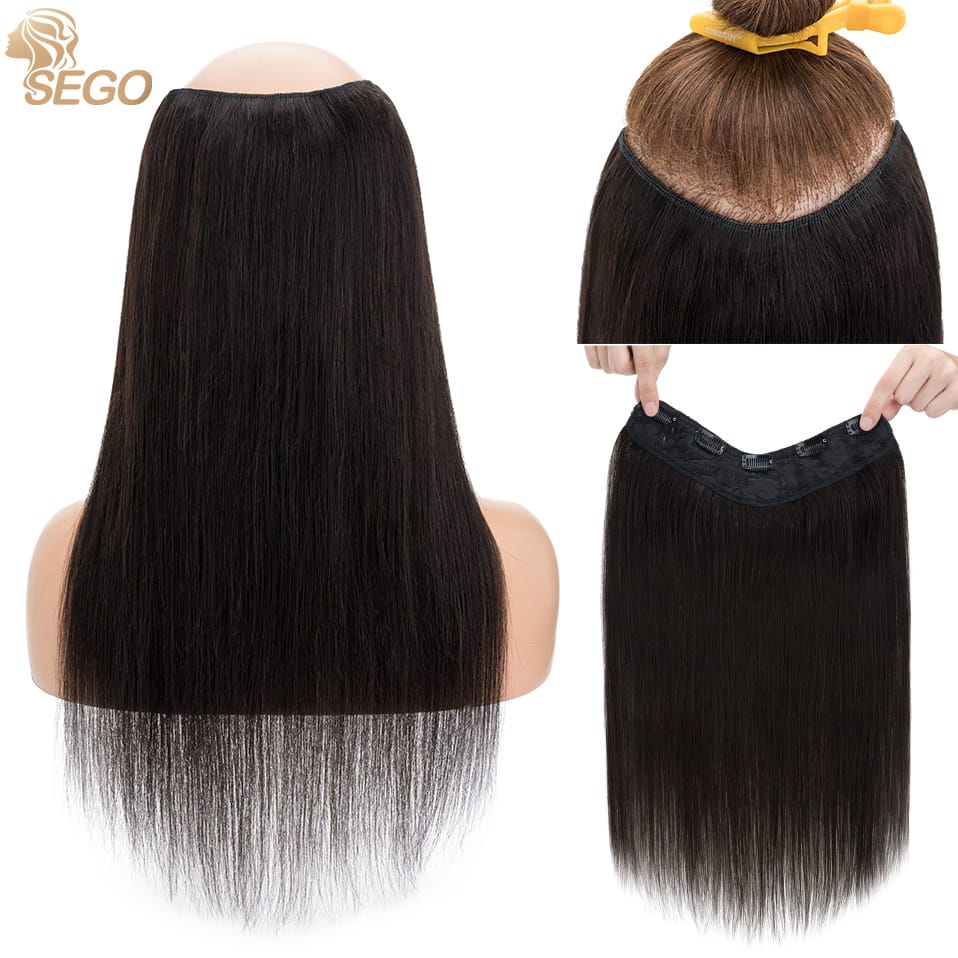 SEGO 12"-22" V-Shaped Clip in Hair Extensions Real Human Hair Invisible Seamless Clip in Straight One Piece Hairpieces for Women