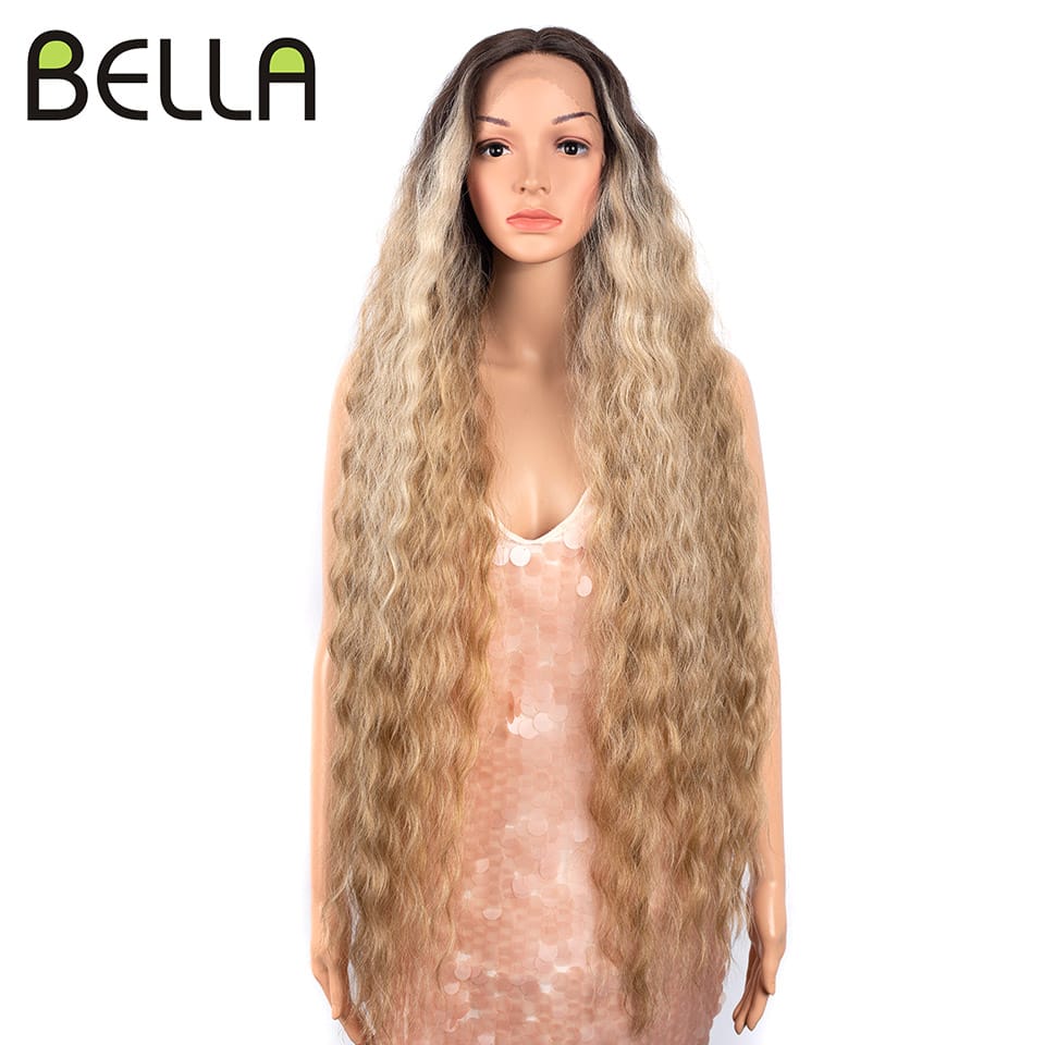 Bella 40 Inch T Part Lace Wigs Synthetic Deep Wave Long Wigs Ombre Blonde Brown Cosplay Wigs Heat Resistant Fiber Fake Hair