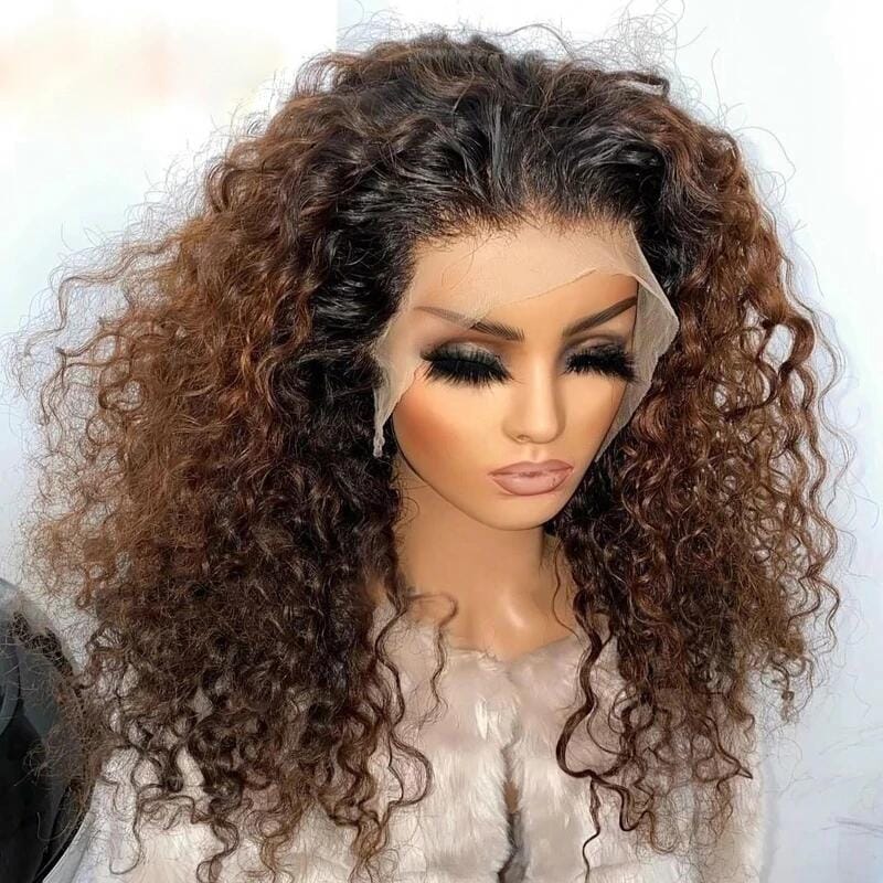 Soft Long 26lnch Glueless 180Density Ombre Brown Kinky Curly Lace Front Wig For Women With Baby Hair  Preplucked Daily Synthetic