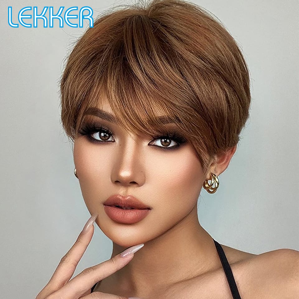 Lekker Wear and Go Golden Blonde Straight Short Pixie Cut Bob Human Hair Wig With Bangs For Women Brazilian Remy Hair Easy Wigs