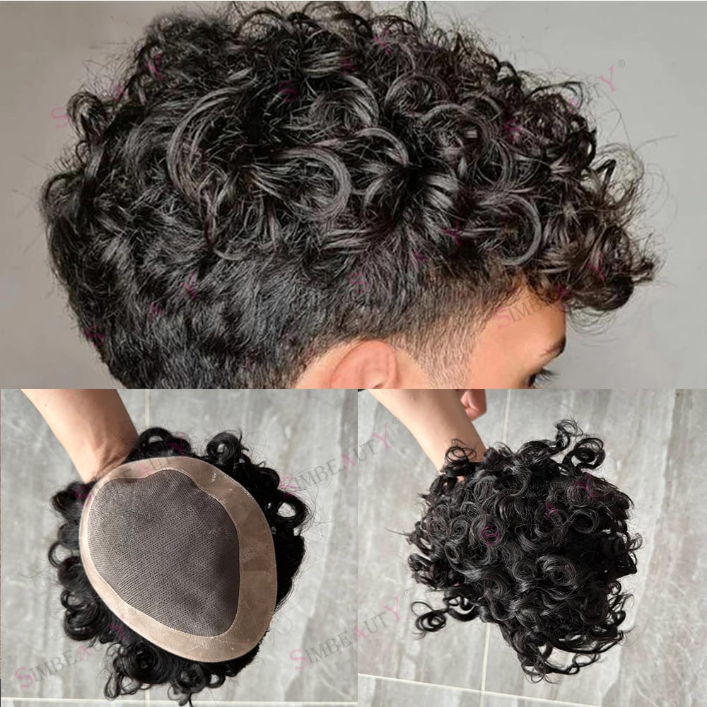 20mm Curly Toupee for Men 8”x6” Euro Virgin Human Hair Replacement Systems Men's Hairpieces Mono Lace Top with Durable PU Around