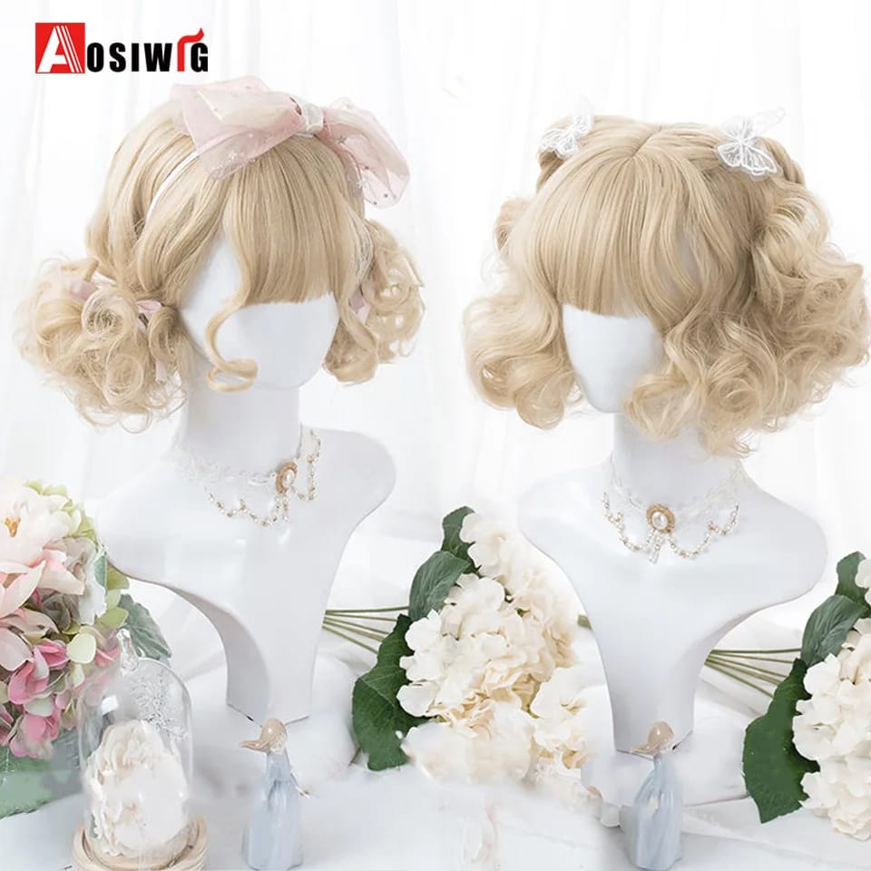 Short Wavy Curly Blonde Wigs With Bangs Synthetic Lolita Cosplay Natural Women Hair Wig For Daily Party