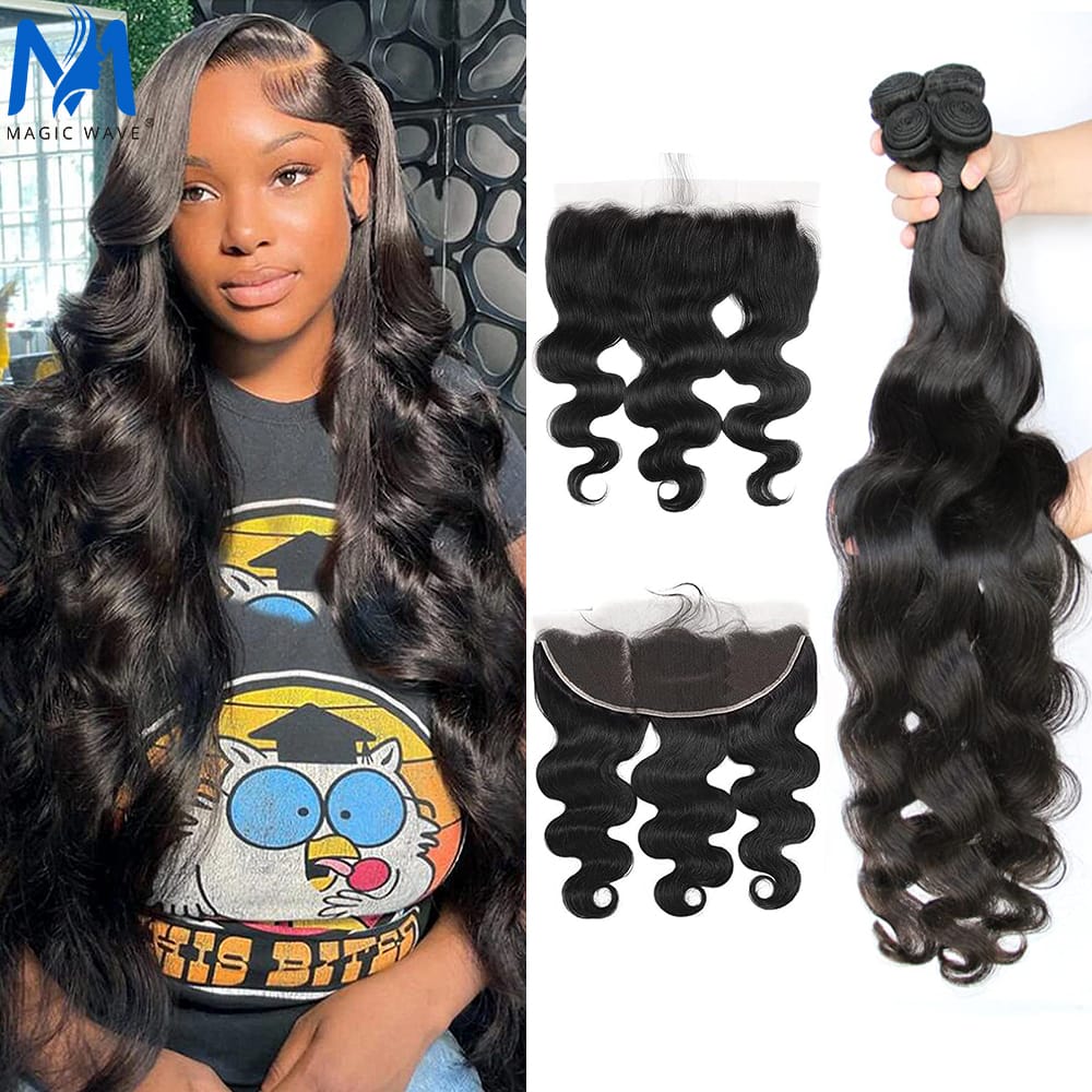 32 38 40 Inches Body Wave Human Hair Bundles with 13x4 Transparent Lace Frontal Brazilian Remy Hair for Black Women 3 4 Bundles