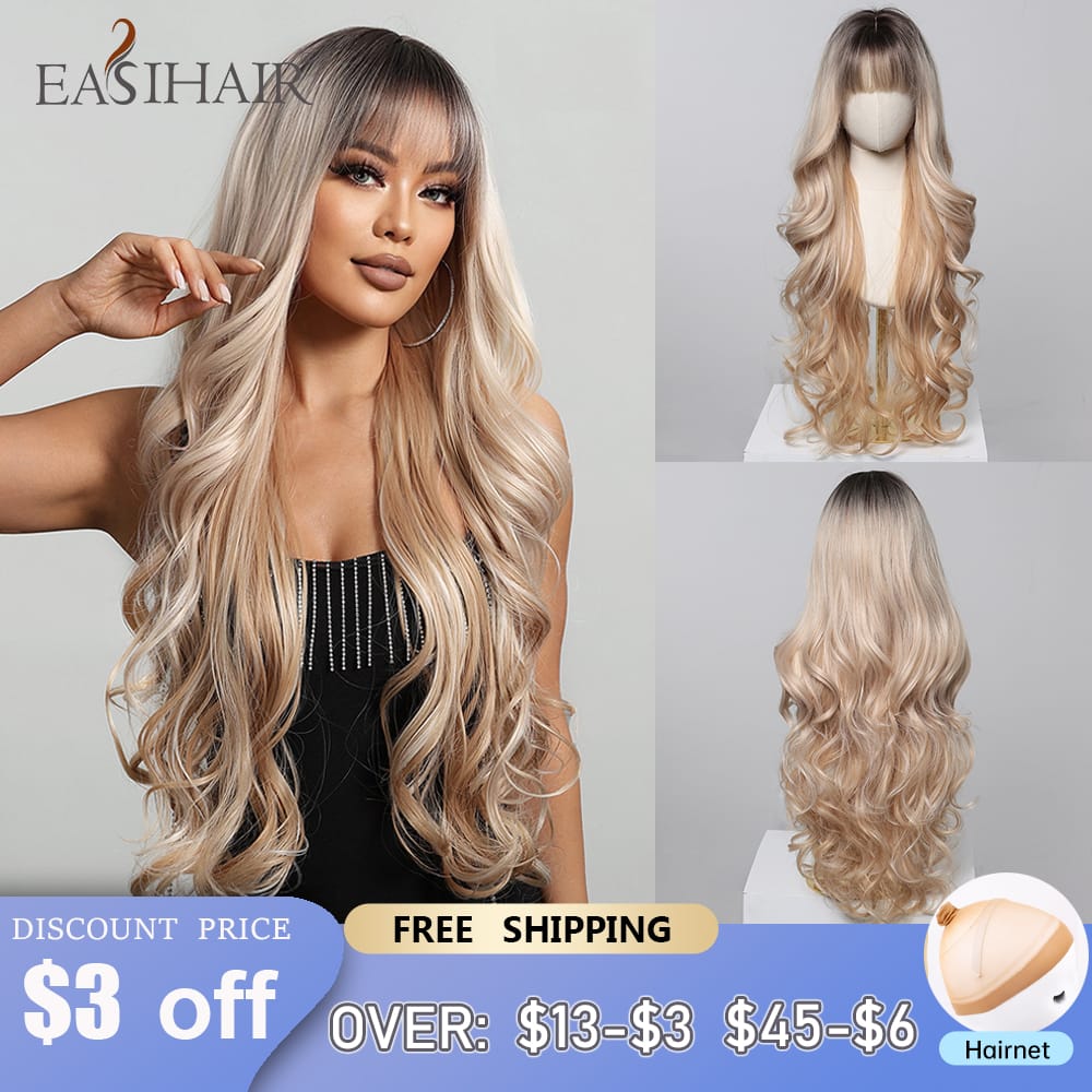 EASIHAIR Blonde Ombre Synthetic Wigs for Women 30 inch Long Wavy Natural Hair Wigs Heat Resistant Daily Cosplay Wig with Bangs