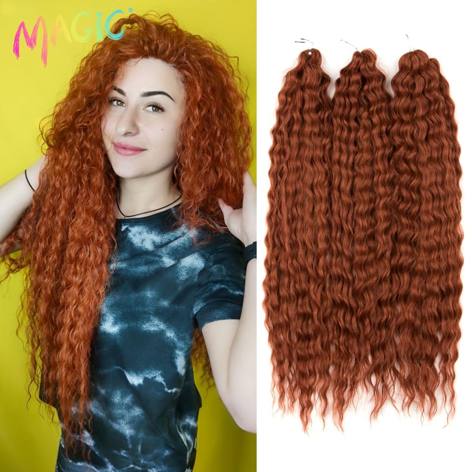 Magic Crochet Hair Soft Water Wave Dreadlocks Afro Curls  Braid Hair 22" Ombre Blonde Red Kanekalon Hair Extensions For Women