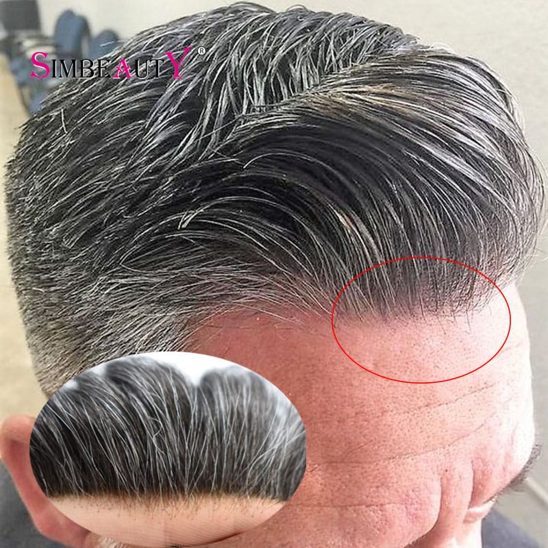 0.06mm-0.08mm Vlooped Full Skin Thin Base Natural Hairline Men Toupee 1B40/1B65 Grey Human Hair Replacement System Male Wigs