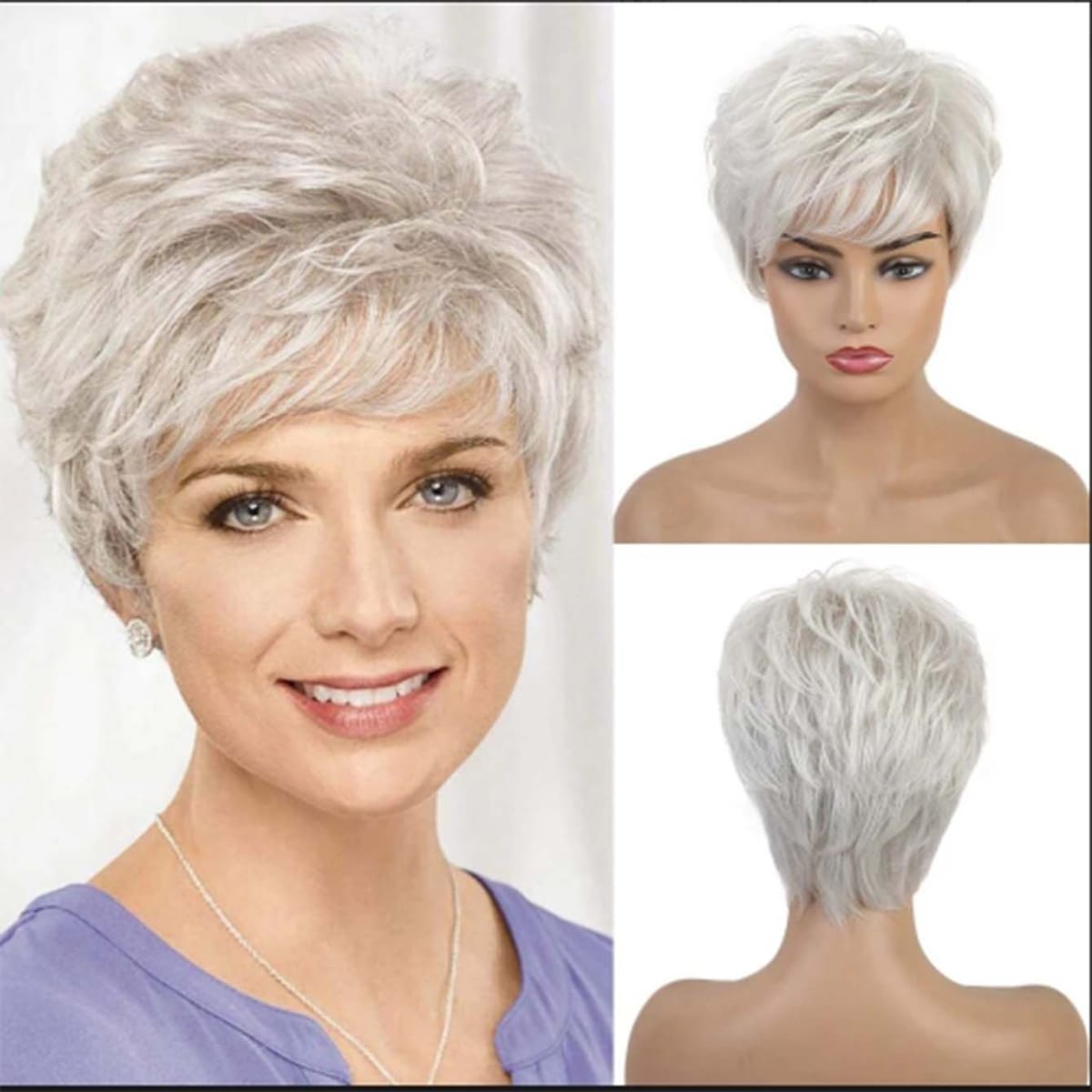 Silver White Wig Short Pixie Synthetic Wigs for White Women Fake Hair Mum Wig with Bangs High Temperature Fibre
