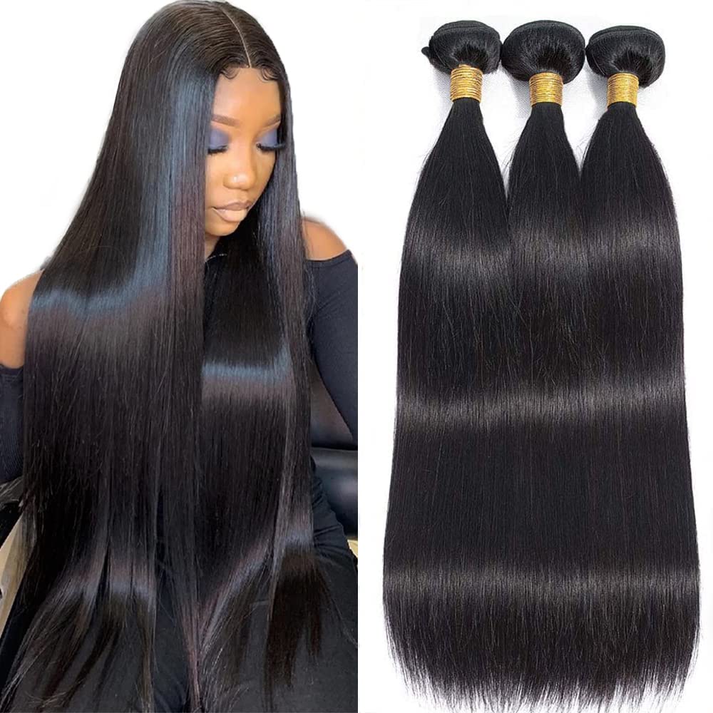 Straight Human Hair Bundles 1/3/4 Piece Brazilian Human Hair Extension Natural Weave Black 1B 24 26 28 30 Inch for Black Women