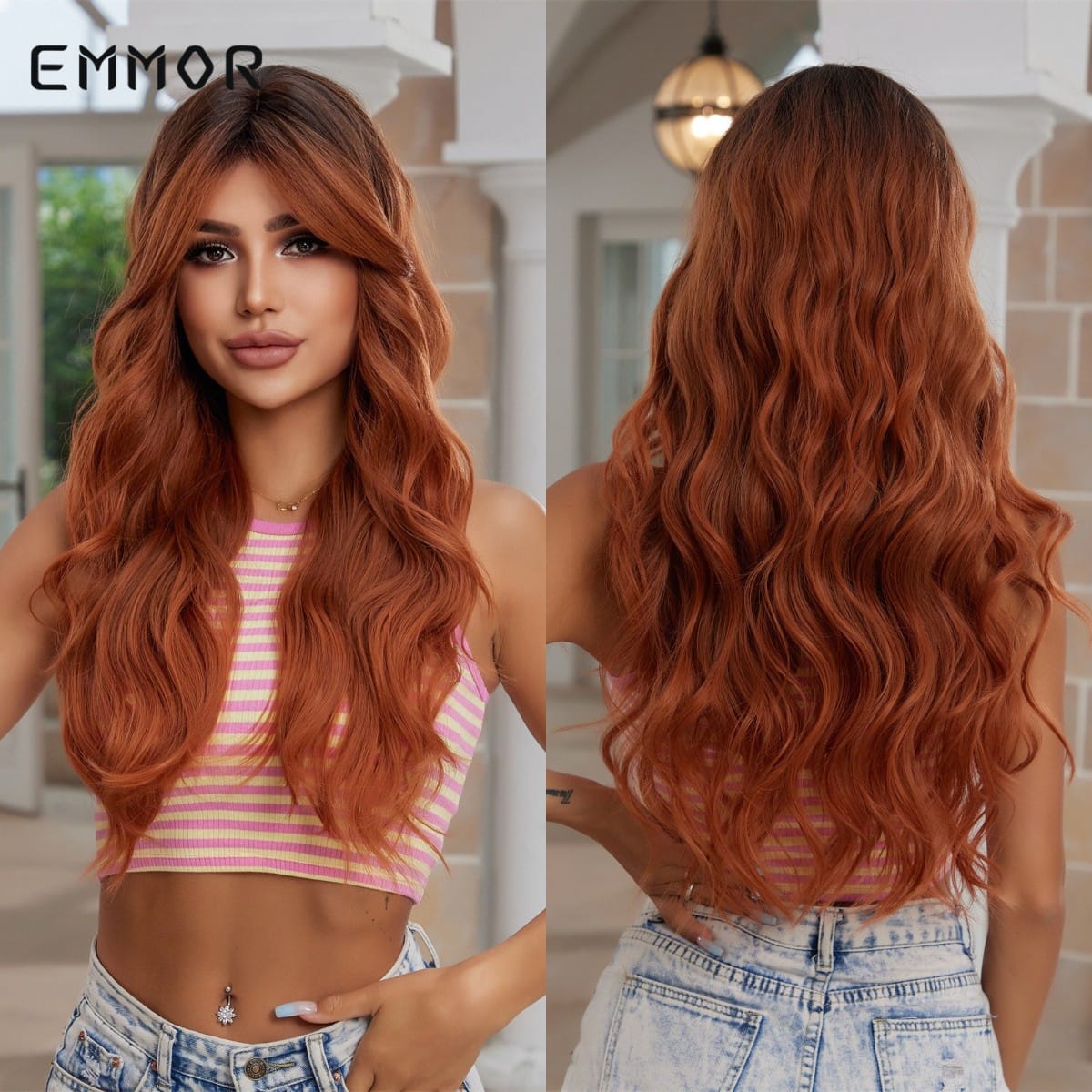 Emmor Copper Red Wig Synthetic Natural Wavy Wigs with Bangs for Women Halloween Cosplay Party Use Heat Resistant Fiber Hair Wig