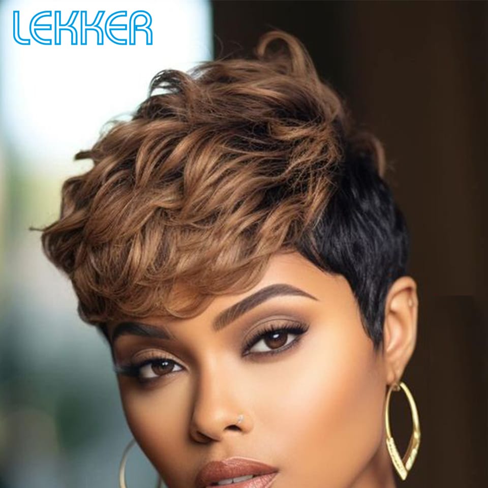 Lekker Wear to go Highlight Gold Brown Short Pixie Cut Human Hair Wigs For Women Glueless Brazilian Remy Hair Colored Cheap Wigs