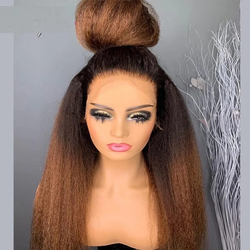 Synthetic Hair Ombre Blonde Brown Yaki 26Inch Soft Kinky Straight Lace Front Wig Black Women With BabyHair Preplucked