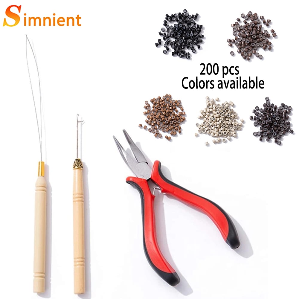 Hair Extension Pliers Pulling Hook 200 Pcs Micro Silicone Rings Bead Device Tool Kits Professional Hair Styling Tools Accessory