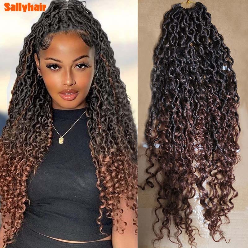 Ombre Brown Faux Locs Crochet Hair 24" Goddess River Locs Crochet Braids Hair Curly Hair Ends Synthetic Braiding Hair Extensions