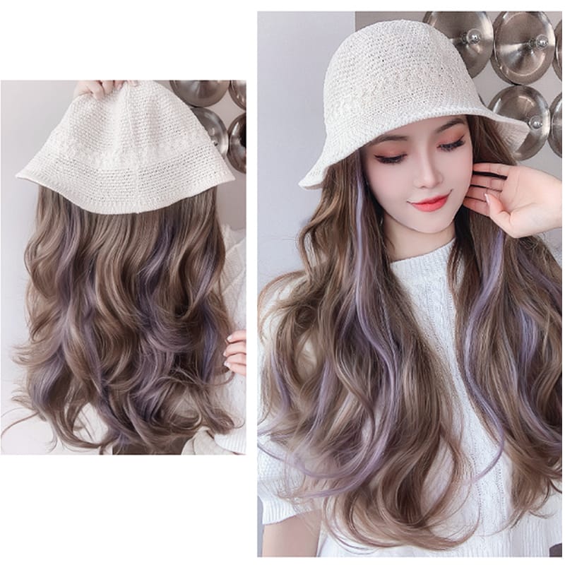 XUANGUANG Synthetic Hollow Visor Wig Brown Ombre Long Roll Hat with hair Extension Travel Fashion Wigs Women's Natural Wigs