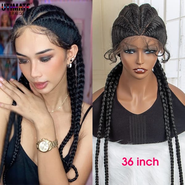 Box Braided Lace Frontal Wig 36 Inches Long Dutch Braided Synthetic Wigs with Baby Hair for Black Women Box Braid Wigs