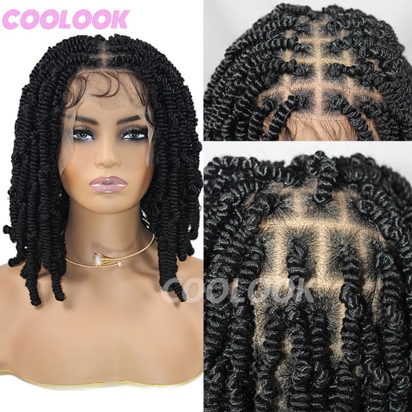 Spiral Curl Twist Full Lace Wig Synthetic Knotless Box Braided Wigs For Women 12 Inches Lace Frontal Wig With Baby Hair Braiding