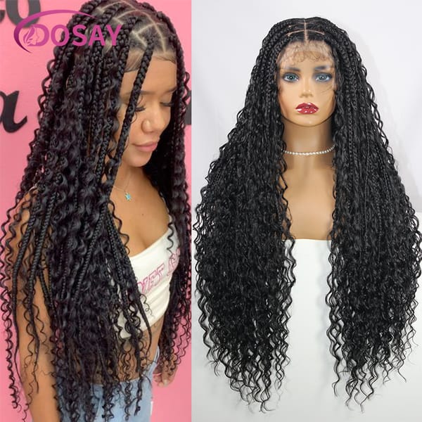 32" Synthetic Boho Curly Ends Knotless Box Braided Wigs Full Lace Front Bohemian Curly Hair Wigs Blonde Goddess Braiding Hair