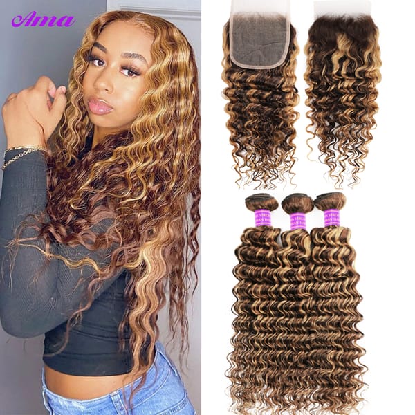 P4 27 Highlight Bundles With Closure 5x5 Inch Deep Wave Bundles With Closure 3/4 PCS Ombre Human Hair Bundles With Closure