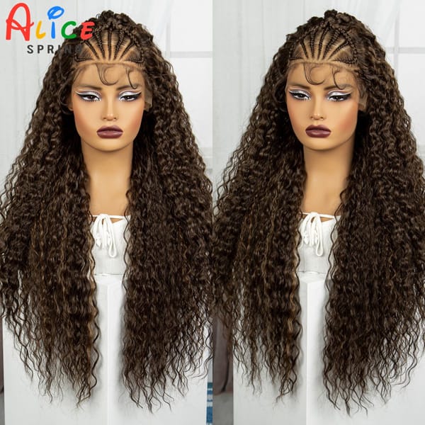 32Inch Cornrow Braided Wigs 13x4 Synthetic Lace Front Braids Wig with Baby Hair Curly Knotless Braiding Hair Wig for Black Women