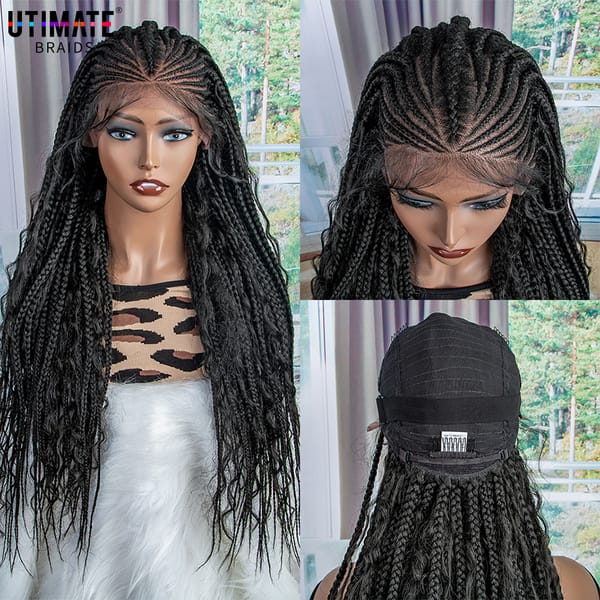 New Synthetic Lace Front Cornrow Long Wig 28 inches Box Braiding Wigs Frontal for Black Woman Long Curly Hair Braided Wigs
