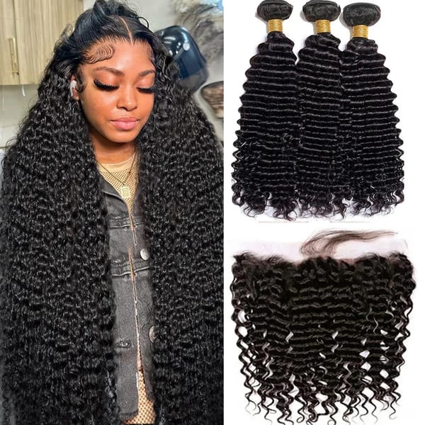 Deep Wave Human Hair Bundles With 13x4 Transparent HD Lace Frontal Brazilian Extensions Weave 3 4 Bundles With Closure for Women