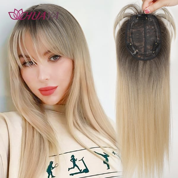 Synthetic Ombre Dark Root Golden Toppers Wig Hair Piece for Women Heat Resistant Cilps in Hair Extensions Invisible Clourse Clip