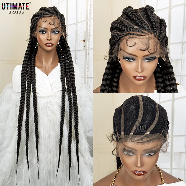 Knotless Box Braided Wig 36 Inches African American Braiding Hair for Black Women Synthetic Lace Frontal Cornrow Braids Wig