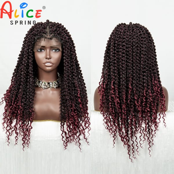 Burgundy Full Lace Braided Wigs Synthetic Knotless Box Curly Braids Wigs with Baby Hair for Women Short Braided Lace Front Wigs