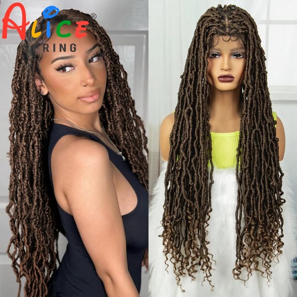 Full Lace Braided Wigs Synthetic Knotless Box Braids Wigs for Black Women Highlight Dreadlock Braiding Hair Wig with Curly Ends