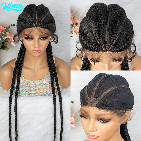 36 Inches Long Lace Front Synthetic Braided Wigs Lace Front Dutch Four Cornrow Braids  Wig With Baby Hair for Black Women