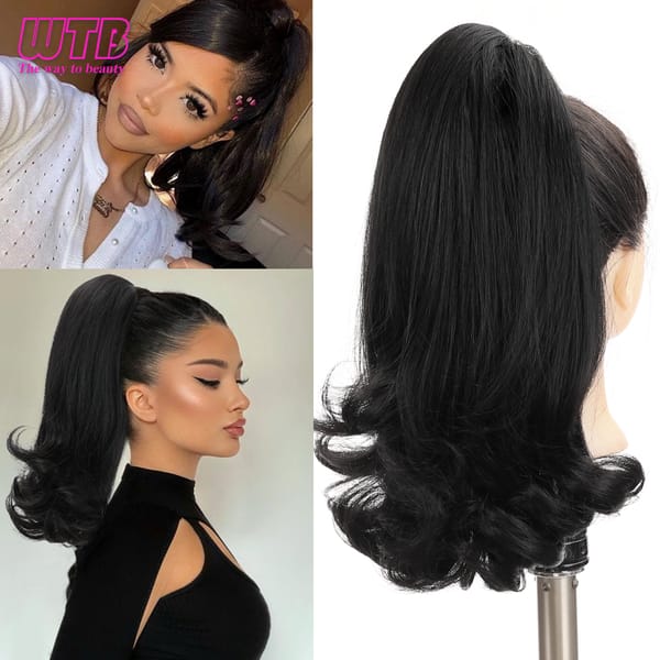 WTB Synthetic Natural Black Yaki Ponytail Warping for Women Tail Wavy Drawstring Ponytail Extension Hair Bun Hairpieces