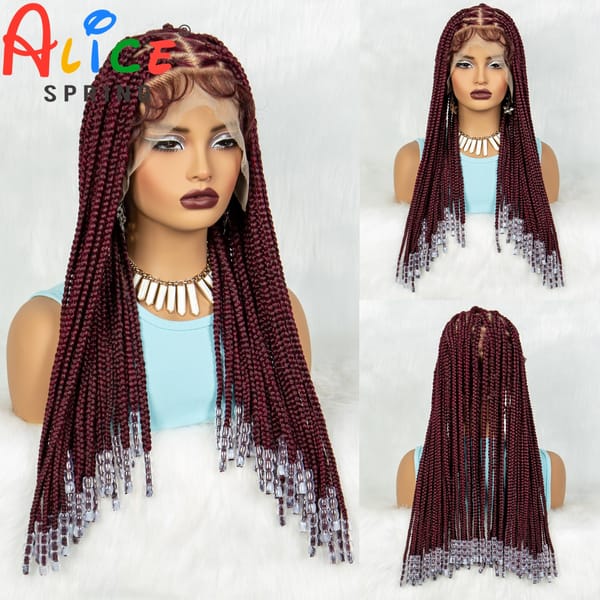 Bungundy Synthetic Full Lace Braided Wigs for Women Braided Wigs with Beads Knotless Cornrow Twist Braids Wigs with Baby Hair